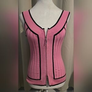 Vintage Cache Silk Pink and Black Sleeveless Silk Zip Front Top Made In The USA